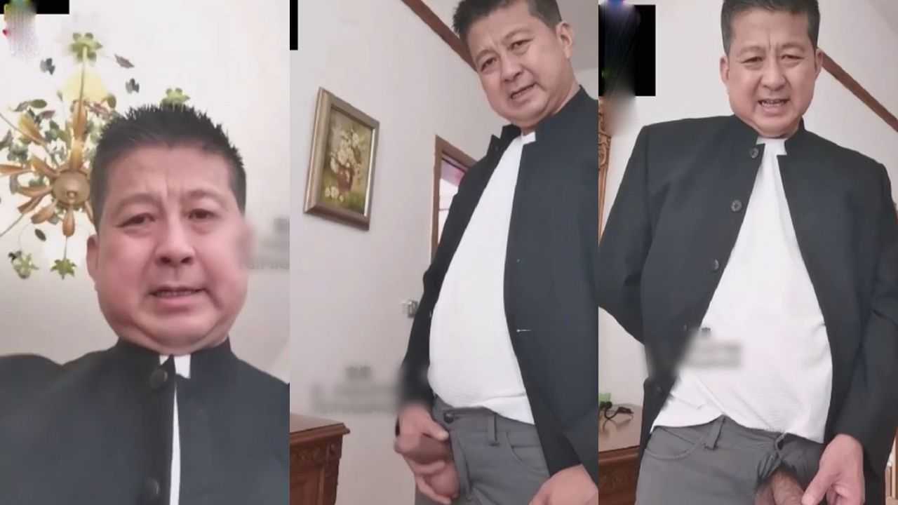 中山服大叔家里没人开着门玩喷射，射好远